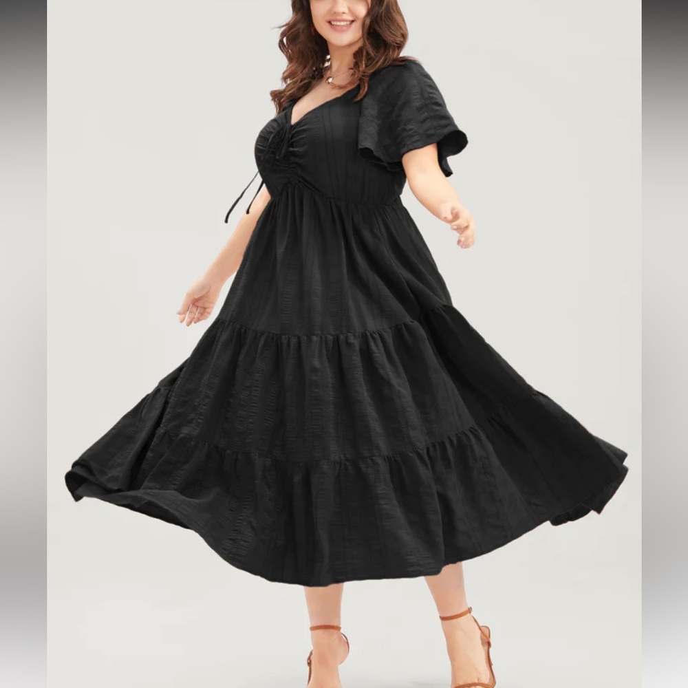 Plain Ruched Drawstring Pocket Ruffle Tiered Dress - Picture 6 of 6